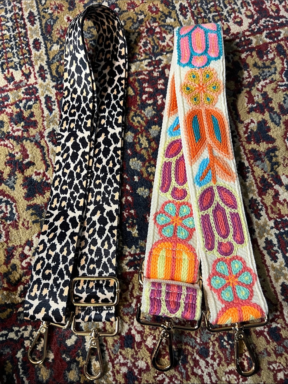 Adjustable Embroidered Floral & Leopard Print Bag Straps - Colorful & Black